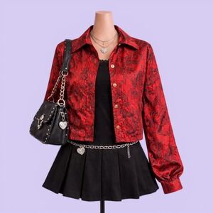 Vintage Coldwater Creek Red Paisley Jacquard Button Front Jacket Y2K Womens M